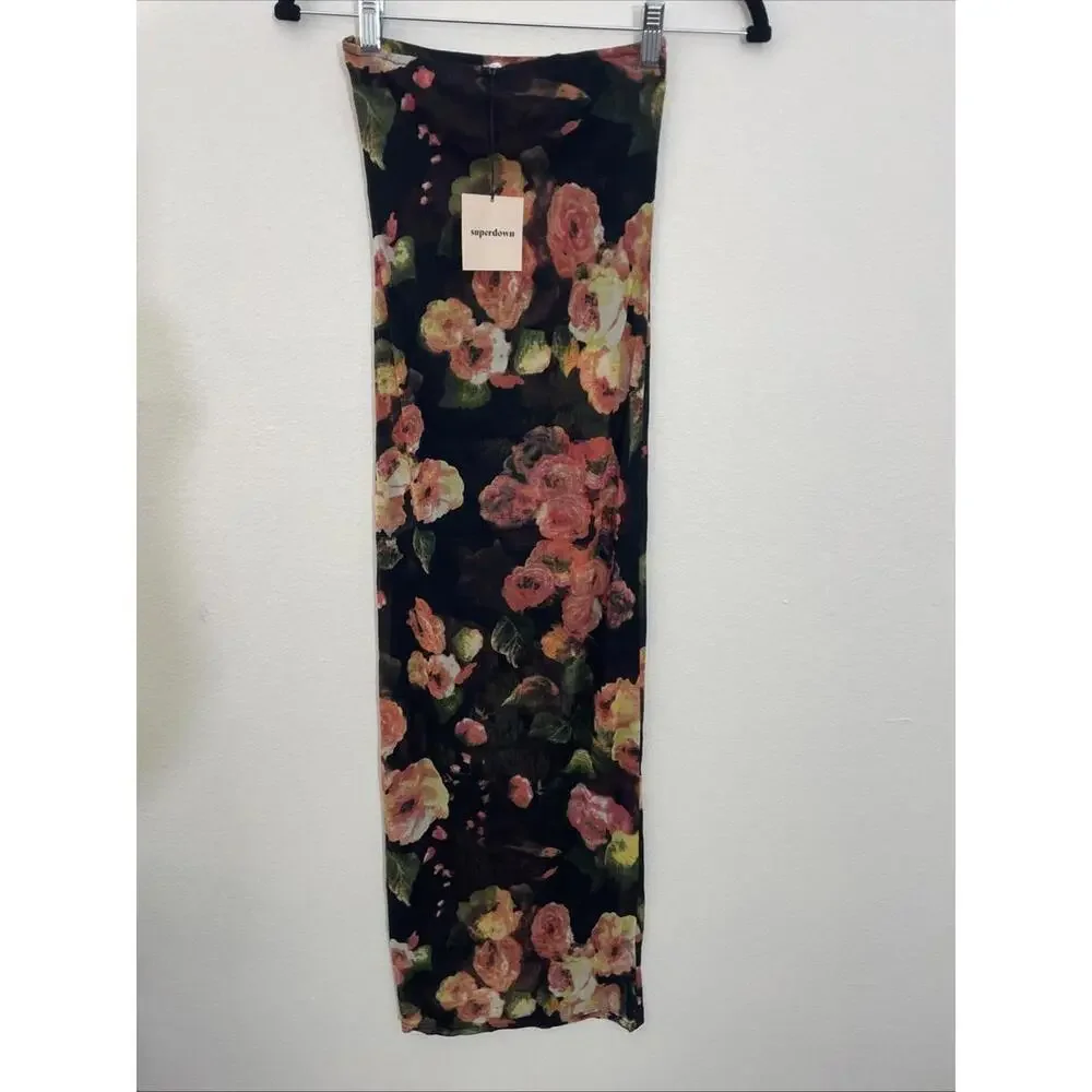 Revolve superdown rose maxi dress Size L black floral print strapless NWT